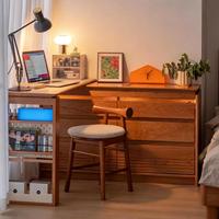 Ensemble coiffeuse en bois massif avec miroir rond et tabouret, table de maquillage nordique pour chambre à coucher avec étagère ouverte