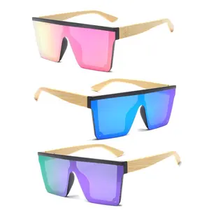 Fashion Luxury Oversized Flat Top Mirror Lens UV400 Square Sunglasses Bamboo Wooden Shades Sun Glasses for Women Men Outdoor