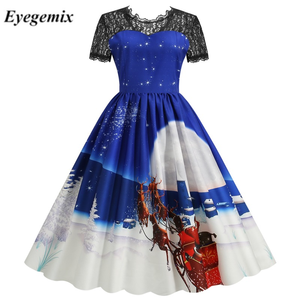 <span class=keywords><strong>Robe</strong></span> de Noël Femme Manches Courtes Dentelle Imprimé Flocon de Neige Taille Haute Élégante Style Vintage Années 50 Vêtements de Soirée Hiver - Product Image 5