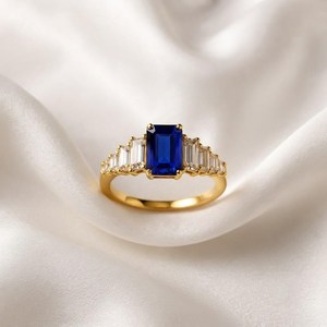 <b>Emerald</b> Cut Blue Sapphire <b>Ring</b> Minimalist Engagement <b>Ring</b> CZ Wedding <b>Ring</b> Handmade 925 Sterling <b>Silver</b> with 18K Gold Filled - Product Image 4