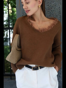 <span class=keywords><strong>Pull</strong></span> en maille respirant pour femme, style vintage, col en <span class=keywords><strong>dentelle</strong></span>, 100% polyester, pour l'automne - Product Image 2