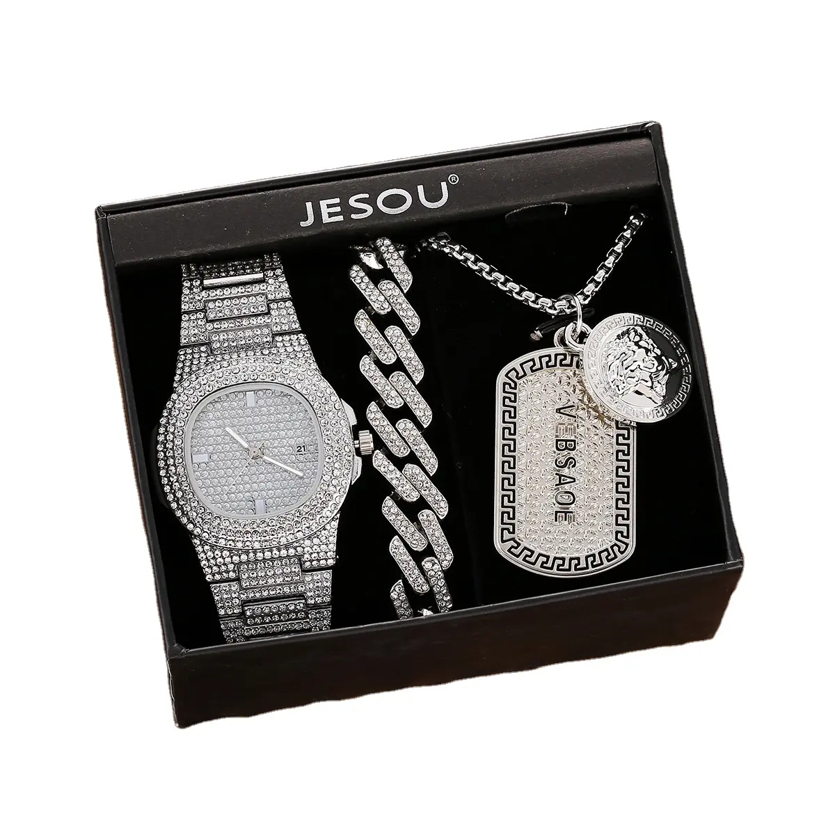 Набор мужских кварцевых часов с браслетом со стразами, модные ювелирные украшения в стиле панк, серебристые наручные часы с коробкой, 3 шт.
