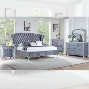 Juego de Muebles de Dormitorio Modernos en Color Marrón, Diseño de Cama Queen Size Tapizada en Terciopelo con Altavoz, Cargador USB y Cabecera Alta - Product Image 3