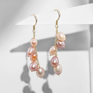 Boucles D'oreilles Vintage Grappe De Raisin - Pendantes, Perles Grises, Fermoir Clous
