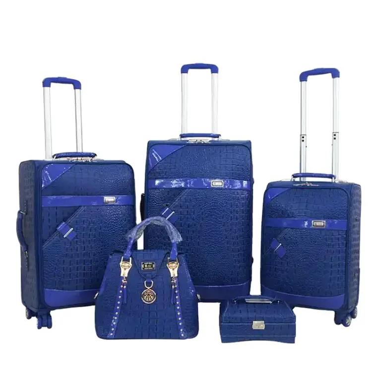 Usine Vente Chaude Nice Sacs De Voyage Femmes En Cuir PU Bleu 3 pcs Ensemble 4 Roues Carry On Valise