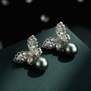 Fashion Butterfly <b>Stud</b> <b>Earrings</b> With <b>Blue</b> Crystals Pearl Drop 925 Silver Post Party Jewelry For Women - Product Image 4