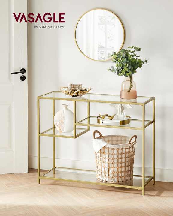 Vasagle Gold Slim Console Table Hall Tempered Glass Sofa Table Home