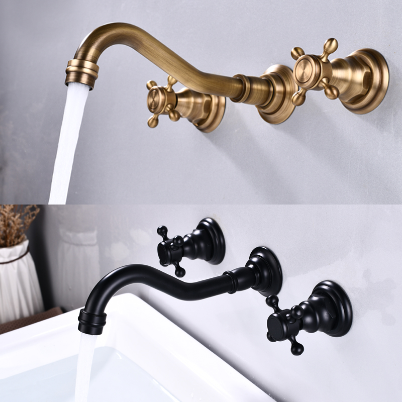 Rubinetti Lavabo Bagno 3 Fori, Miscelatore Lavabo Bagno Sdoppiato Doppio Manico Ottone Rubinetti Bagno Tre Fori-Oro