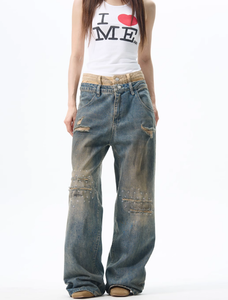 Vintage <strong>Yellow</strong> Mud Dyed Ripped <strong>Jeans</strong> for <strong>Women</strong> Loose Straight-Leg Two-Piece Pants American Decadent Streetwear Casual Denim Hole - Product Image 2