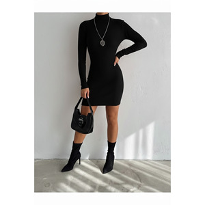Women's <b>Elastic</b> Ribbed Stand-Up Collar Long Sleeve Midi <b>Dress</b> Natural Waist Comfortable Office Wear - Product Image 2