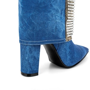 Denim Diamonds Patchwork Overlay Booties Women's Shiny Rhinestone Knee High <b>Boots</b> Blue High Chunky Heel Shoes Large Size 45 - Product Image 5