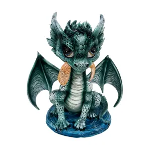 wholesale mini resin figurine cute dragon figurine green dragon with fish home decor figurines