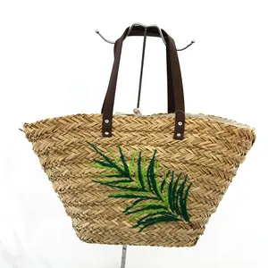 海草制成的手提包，自然色，装饰图案