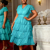 Robe décontractée mi-longue pour femme, grande taille, col en V, manches courtes, bleu lac, taille haute, coupe trapèze, à paillettes scintillantes, style robe à volants, AM050424