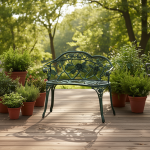 Banc de patio en aluminium moulé vert antique avec motif floral de rose, causeuse d'extérieur pour terrasse et jardin, modèle D0100X35X92, 2 places - Product Image 2