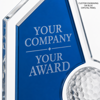 Plaque de récompense en cristal moderne en gros, trophée de reconnaissance en verre angulaire avec balle de golf, récompense de service d'entreprise gravée sur mesure