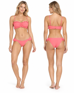 Ensemble bikini bandeau rose à volants pour femme, maillot de bain deux pièces, couleur unie, bas de maillot extensible style hipster - Product Image 1