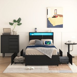 Letto Matrimoniale in Metallo con Testiera Contenitore, Stazione di Ricarica e 4 Cassetti, Solido e Stabile, Disponibile ODM/OEM - Product Image 1