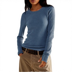 Vintage Eco-Friendly Polyester Blank Knit <b>Waffle</b> T-<b>Shirts</b> Wholesale High Quality Long Sleeve Crew Neck Slim Fit for Women - Product Image 4