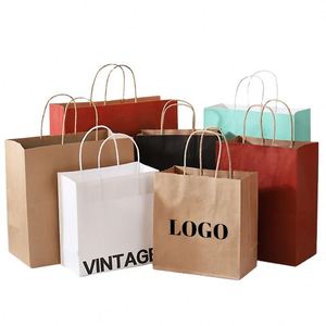 Bolsa de Papel Kraft Marrón y Blanca con Logotipo Personalizado Impreso, para Compras, Entrega de Alimentos, Comida para Llevar, Regalos, con Asa, Nueva 2026 - Product Image 1