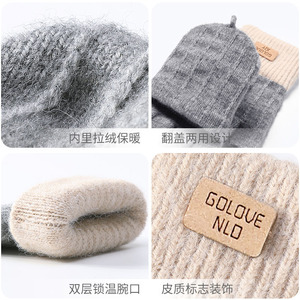 Half-Finger Flip Gloves Gray Woolen <b>Thermal</b> Winter Women's Fleece Lined For Students Writing Autumn Winter - Product Image 4