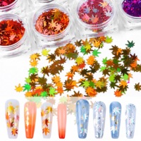 12 kotak/set Payet Seni Kuku Daun Maple Laser Musim Gugur Stiker Kuku Glitter Warna-warni Aksesori Kuku DIY