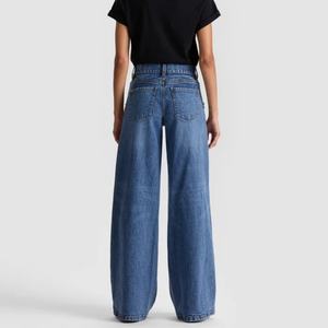 Venta al por mayor de jeans de mezclilla de cintura alta rectos con pedrería, personalizados para mujer, de pierna ancha, a la moda - Product Image 2