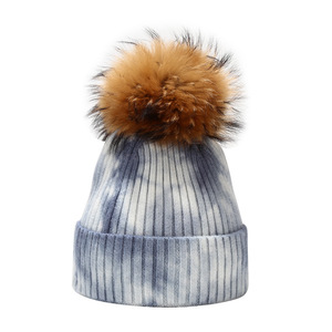 Hiver Femmes Enfants Toddler Tie Dye Real Fur Pom Pom Knit Hat Fisherman Tie-dye Beanie With Amovible Pompom - Product Image 4
