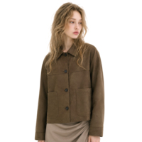 Veste courte en faux daim pour femme, kaki foncé, boutonnée, avec poches plaquées et couture de joque, manches longues, OEM ODM