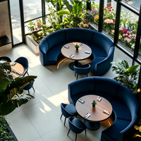 Meubles de restaurant haut de gamme personnalisés, banquette en velours courbée en demi-cercle, table ronde en marbre et chaise pour restaurant, café boutique