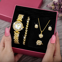 Luxuriöses Damen-Fünfteiliges Uhrenset mit Edelstahlarmband Vollbesetzt mit Kristalldiamanten Halskette Ohrringe Armband Modeschmuck Geschenk