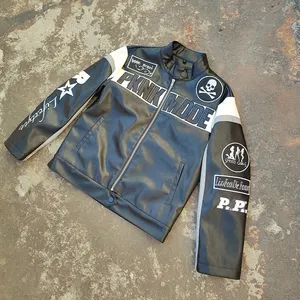 Giubbotto di pelle da corsa con Design personalizzato in pelle retrò giacca da moto in pelle classica con Logo e Patch giacca da uomo