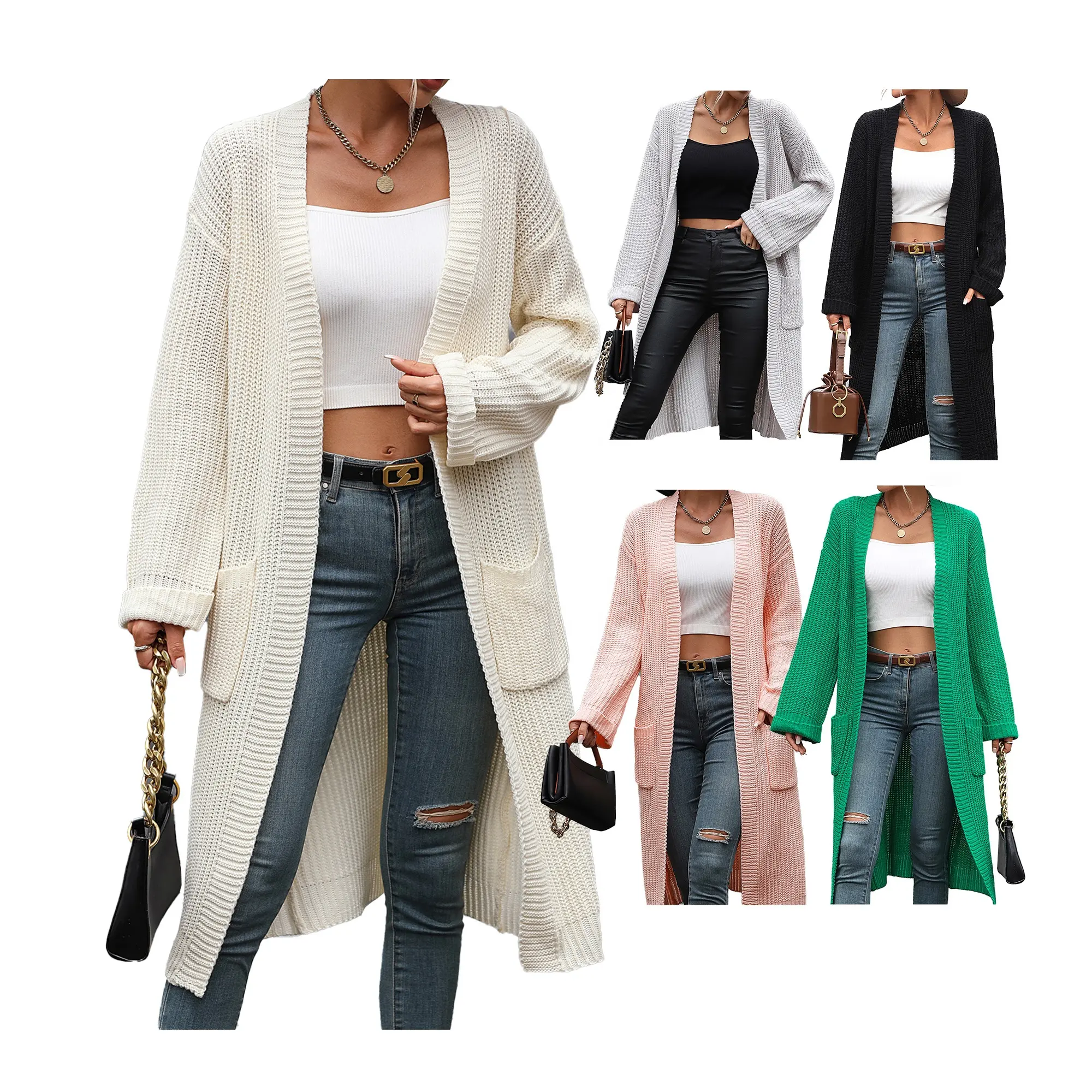 Wholesale Women's Open Front Cardigan Sweater Loose Chunky Knit Mid Long Cardigan Coat Outwear With Pockets