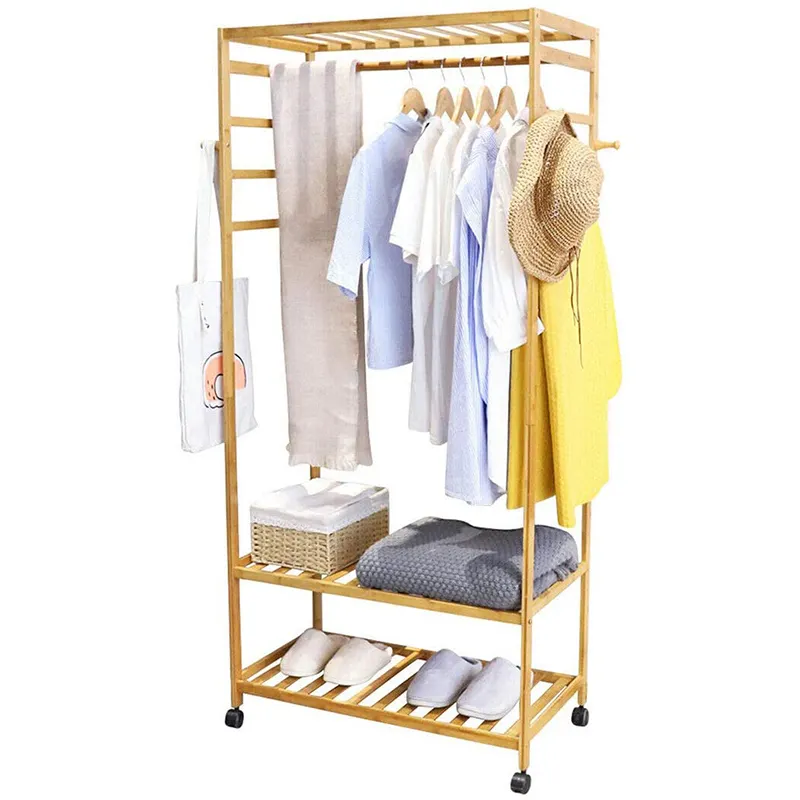 Rack colgar tela de almacenamiento de madera 2 estante bajo muebles bloqueables ruedas de orden de colgar armario fácil ropa zapatos sombrero