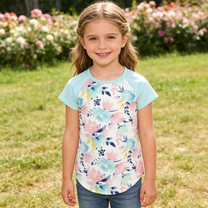 Camisetas de Manga Corta Raglán con Estampados Florales Personalizados al por Mayor para Niñas, Tela de Seda de Leche, Ropa para Bebés y Niños Pequeños - Product Image 6