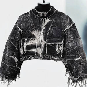 Chaqueta vaquera de manga acampanada con <span class=keywords><strong>flecos</strong></span> recortada de gran tamaño con bolsillo de carga lavado ácido Vintage envejecido personalizado de peso pesado - Product Image 1