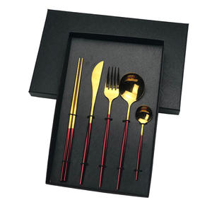 Portuguese Style Stainless Steel <b>Cutlery</b> <b>Set</b> 5 Piece Flat Handle Polished Knife Fork Spoon Chopsticks <b>Black</b> Gift Box Durable - Product Image 2