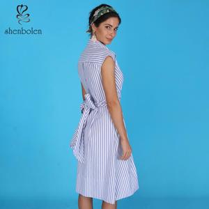 Mayorista 2020 nuevo diseño de verano las mujeres <span class=keywords><strong>vestido</strong></span> casual 100% algodón mini <span class=keywords><strong>rayas</strong></span> de manga <span class=keywords><strong>vestido</strong></span> largo - Product Image 3