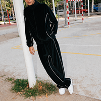 Ensemble de survêtement en velours personnalisé 2 pièces, veste zippée, pantalon large, passepoil blanc, tenue de streetwear assortie, unisexe
