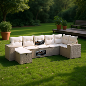 Ensemble de canapés de jardin en polyrotin beige avec rangement, mobilier d'extérieur haut de gamme, grand canapé modulaire pour terrasse - Product Image 2