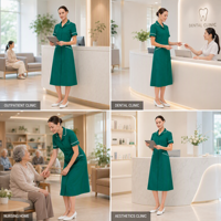 Robe Tunique Infirmière Femme à Manches Courtes avec Passepoil Contrastant, Robe Uniforme Médicale Coupe Évasée à Patte de Boutonnage Discrète, Logo Personnalisé pour Hôpital