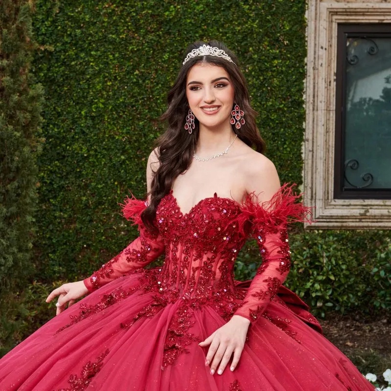 red quinceanera dresses with sleeves Popular Red Quinceanera Dress Sequined Lace Tulle Skirts Ball Gown Sweet 16 vestidos de quinceaera AW2207223