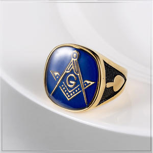 Men's Freemason <b>Ring</b> Gold Plated Blue Enamel Masonic Symbol Geometric Design Gift Jewelry - Product Image 2