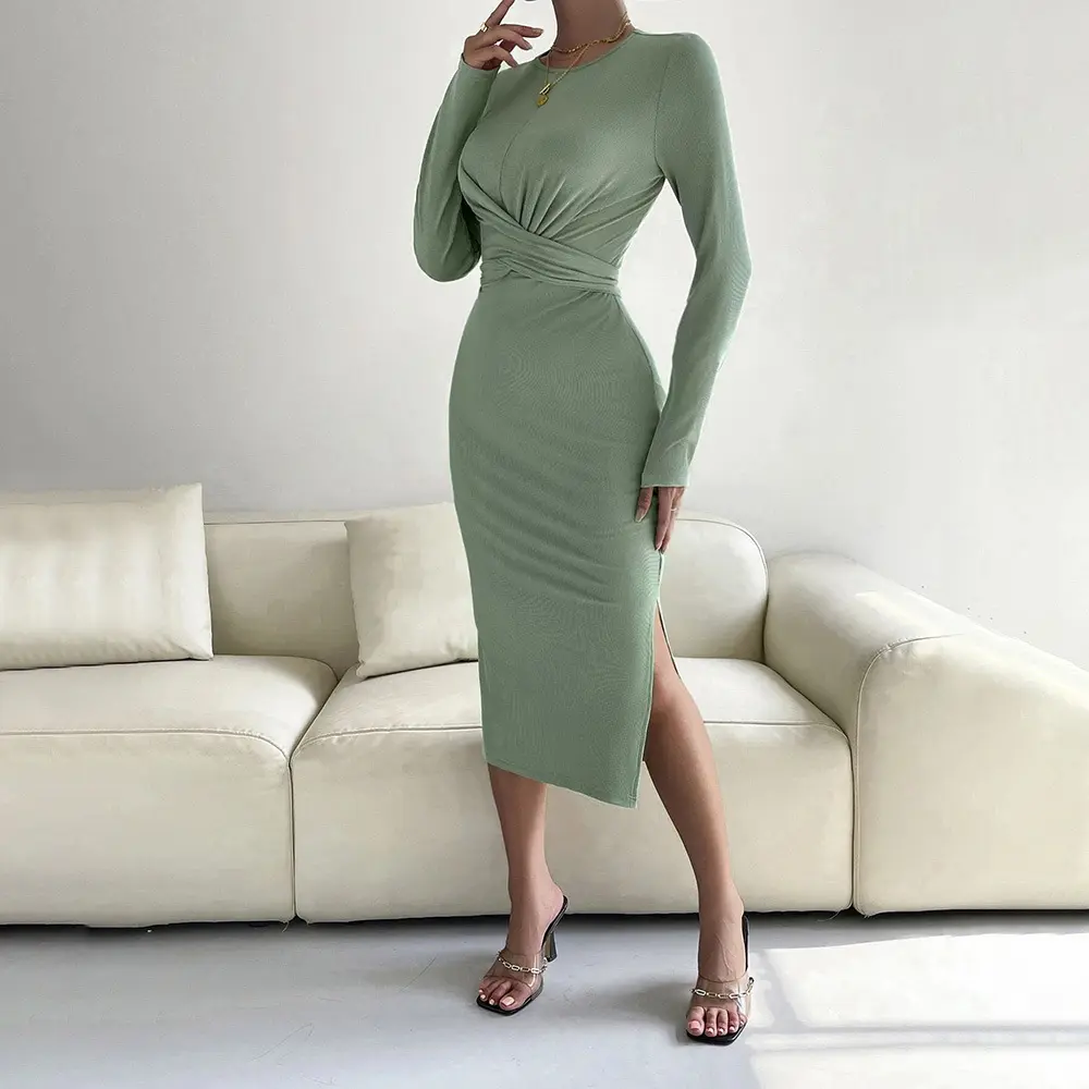 تصميم جديد ملابس نسائية فتحة طويلة الأكمام vestido para mujer elegante للنساء bodycon midi فستان غير رسمي للسيدات
