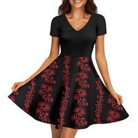 Robe pour femmes à motif de fleurs de Pohutukawa de Polynésie, robe d'été décontractée à col en V pour femmes, impression à la demande, sublimation, robe noire