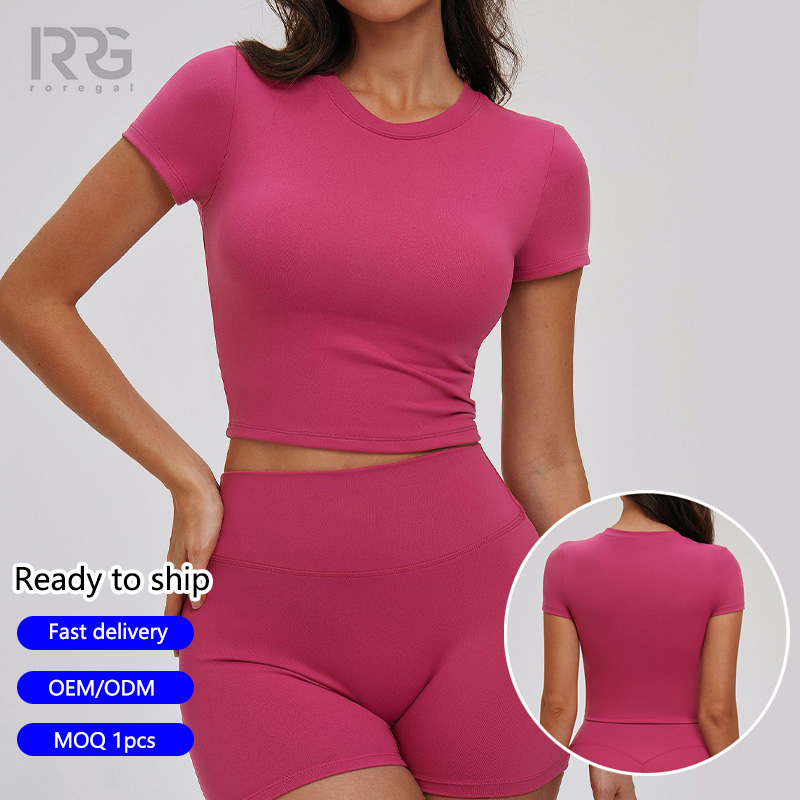 Roregal Quick Drying Basic Women Crew Neck Short Sleeve T-shirt Gym Fitness Clothes Running Workout Women Sports Yoga Top