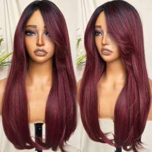 Perruque synthétique KEMY HAIR lisse et soyeuse avec frange, en fibre résistante à la chaleur, sans colle, avec raie en L, couleur bordeaux, pour femme - Soldes à 7$ - Product Image 1