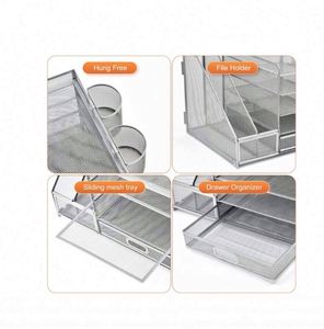 5-Tier Paper Letter Tray Organizer with <b>File</b> Holder - Desk Organizer with <b>Drawer</b> and Pen Holders Metal Mesh Desk Organizer - Product Image 3