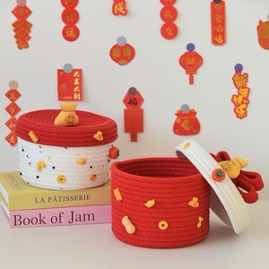 Festive Storage Baskets Round Cotton Rope Woven With Lids Desktop Organizer For Bedroom Office Jewelry Box - Product Image 4