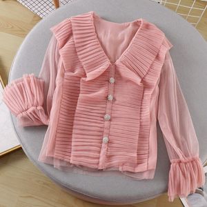 レディーフリルメッシュシャツブラウストップスVネック長袖フレアスリーブ甘いかわいいシャツ - Product Image 4